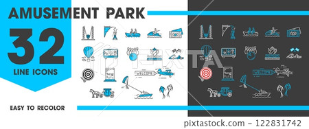 Amusement park line icons of funfair rides or attractions, vector symbols. Amusement park carousels, entrance tickets and hot air balloon with kites and bowling or karting races and wind tunnel 122831742