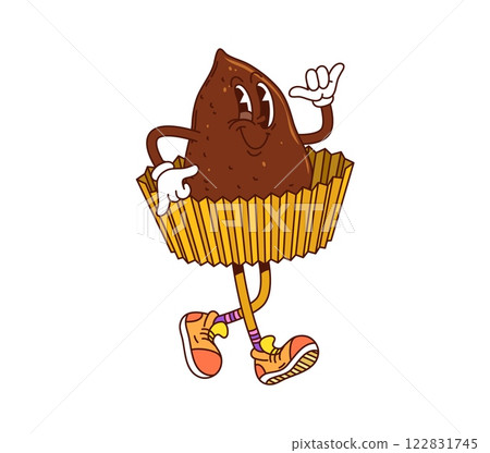 Funny groovy hippie truffle dessert, sweet and candy character wears sneakers. Isolated cartoon vector chocolate treat retro personage in a wrapper, walking with smile and making shaka hand gesture Funny groovy hippie truffle dessert, sweet and candy character wears sneakers. Isolated cartoon vector chocolate treat retro personage in a wrapper, walking with smile and making shaka hand gesture 122831745