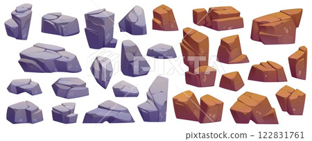 Cartoon rock stones, mountain brown crag and grey cliff. Vector big boulders of rubble, gravel or granite, broken blocks and cobbles of mountain rocks. Cartoon gray and brown stones isolated set 122831761