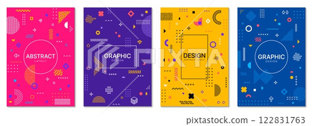 Abstract geometric Memphis posters. Vector backgrounds, vertical covers, layouts or card templates with bold colors and modern playful patterns, dynamic compositions evoke creativity and modernism Abstract geometric Memphis posters. Vector backgrounds, vertical covers, layouts or card templates with bold colors and modern playful patterns, dynamic compositions evoke creativity and modernism 122831763