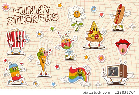 Cartoon groovy characters stickers pack. Vector set of retro fast food personages like pop corn, cola can, ice cream and cocktail. Pizza slice, hotdog, rainbow or tv set and mouth with sticking tongue Cartoon groovy characters stickers pack. Vector set of retro fast food personages like pop corn, cola can, ice cream and cocktail. Pizza slice, hotdog, rainbow or tv set and mouth with sticking tongue 122831764