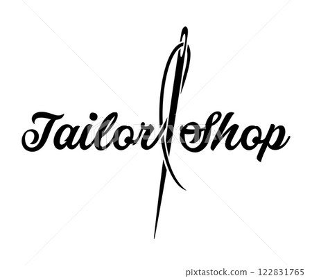 Tailor shop, embroidery and stitch icon, vector emblem for handmade clothes shop. Isolated monochrome label with needle and thread. Sewing atelier, fashion, textile tailoring and needlework craft sign 122831765