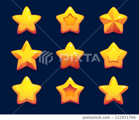Game stars icons asset, vector UI. Cartoon gold medal, bonus, winner award, rate and score symbols of yellow golden stars with shining facets and edges. Game asset, mobile and web app buttons set 122831766