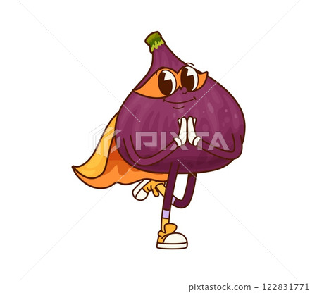 Groovy superhero fig fruit character with a purple body, orange cape, mask, and a confident pose in yoga like stance. Isolated cartoon vector playful funky y2k personage focused on health and balance Groovy superhero fig fruit character with a purple body, orange cape, mask, and a confident pose in yoga like stance. Isolated cartoon vector playful funky y2k personage focused on health and balance 122831771