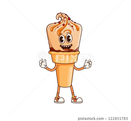 Groovy ice cream character. Cartoon vector quirky icecream cone features swirls and sprinkles. Retro summer dessert personage with playful expression, wide eyes and big smile, radiating joy and energy 122831783