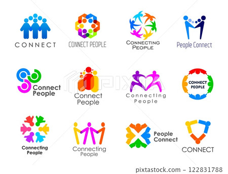 Connect people together icons, community and teamwork, family and union symbols. Abstract silhouettes of human figures holding hands vector signs set. Social community, support, business partnership 122831788