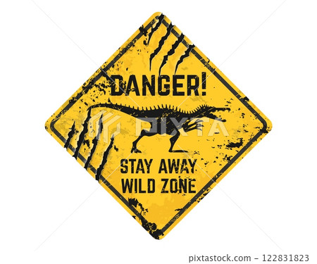 Spinosaurus dinosaur warning grunge metal sign board with claw scratches, vector banner. Danger zone caution yellow sign with roaring dinosaur or Jurassic predator lizard reptile for warning signboard 122831823
