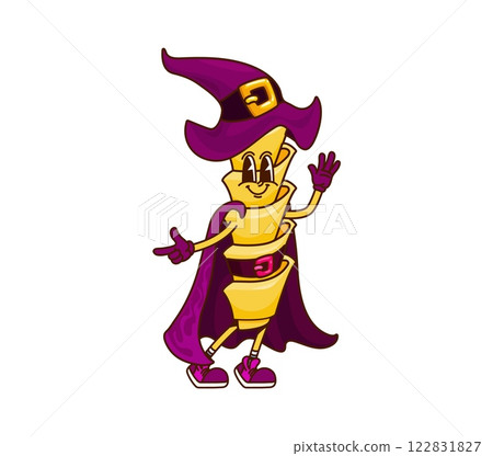 Halloween wizard pasta groovy funny character. Fairytale wizard eliche noodle groovy personage, warlock pasta isolated vector cute mascot. Sorcerer Italy cuisine meal groovy Halloween character Halloween wizard pasta groovy funny character. Fairytale wizard eliche noodle groovy personage, warlock pasta isolated vector cute mascot. Sorcerer Italy cuisine meal groovy Halloween character 122831827