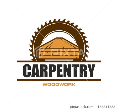 Carpentry and woodwork service icon with circular saw blade for carpenter workshop, vector emblem. Carpentry and handyman woodworking service symbol for lumber woodcraft or furniture manufacture Carpentry and woodwork service icon with circular saw blade for carpenter workshop, vector emblem. Carpentry and handyman woodworking service symbol for lumber woodcraft or furniture manufacture 122831828