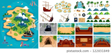 Pirate game assets with sunken ships, tropical treasure island, ship deck and landscape details. Pirate game vector elements and assets set, cartoon treasure map, chest, buccaneer cave and black spot Pirate game assets with sunken ships, tropical treasure island, ship deck and landscape details. Pirate game vector elements and assets set, cartoon treasure map, chest, buccaneer cave and black spot 122831849