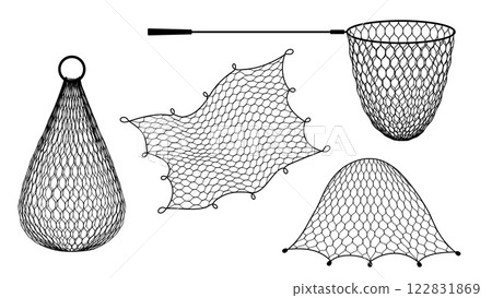 Isolated fishing net, trap and trawl or fish tank and seine, vector fisherman equipment. Fishery gillnet or gill and fish trap, bottom net seine or trammel fishnet with hoop net and fish cage catcher 122831869