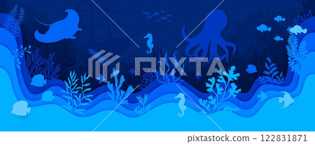 Paper cut underwater landscape with vector blue silhouettes of sea animals, fish and sunken ship. Ocean coral reef underwater landscape with 3d wavy paper cut borders, octopus, squid and seahorse Paper cut underwater landscape with vector blue silhouettes of sea animals, fish and sunken ship. Ocean coral reef underwater landscape with 3d wavy paper cut borders, octopus, squid and seahorse 122831871
