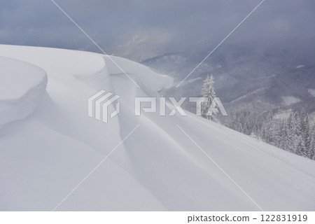 Beautiful winter landscape with snow covered trees and snow cornice Beautiful winter landscape with snow covered trees and snow cornice 122831919