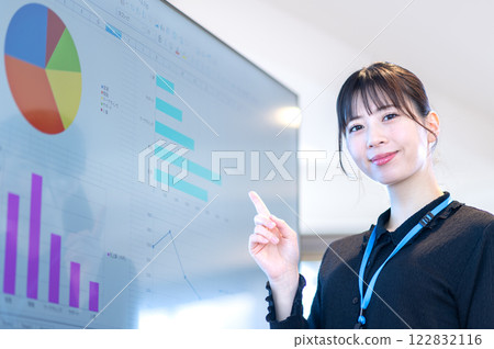 A young businesswoman giving a presentation using a monitor A young businesswoman giving a presentation using a monitor 122832116