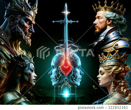 The eternal confrontation of different times and peoples. Between the images of the kings is depicted a sword that pierces the heart of a man. It represents confrontation and wars on earth. The eternal confrontation of different times and peoples. Between the images of the kings is depicted a sword that pierces the heart of a man. It represents confrontation and wars on earth. 122832161