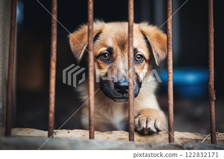 Dog puppy behind bars in animal shelter. Abandoned animals. Generative Ai 122832171