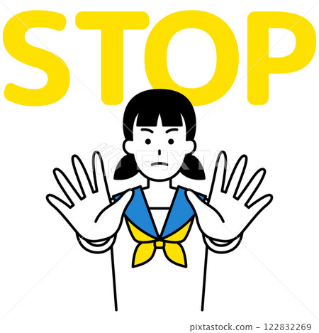 A female student puts both hands in front of her and says STOP 122832269