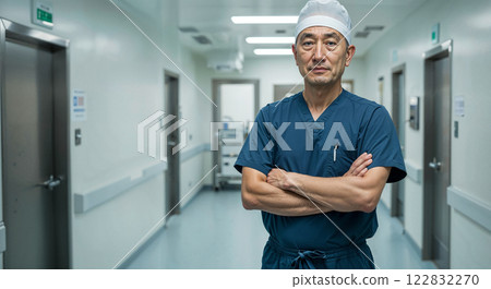 Surgeon stands confidently in hospital corridor while preparing for the upcoming surgical procedure Surgeon stands confidently in hospital corridor while preparing for the upcoming surgical procedure 122832270