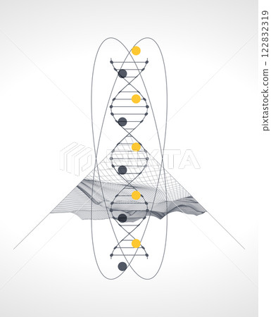 Abstraction on a scientific medical theme. Creative image of a DNA molecule with art elements. 122832319
