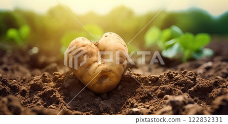 Freshly harvested organic Heartshaped potato in the garden. Ai Generative 122832331