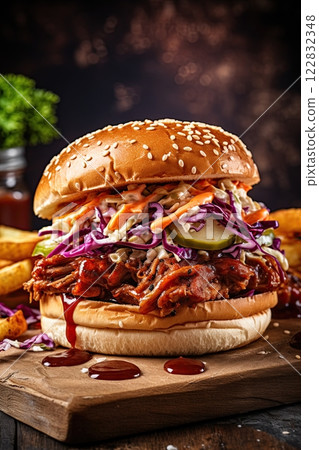 Pulled pork sandwich with Coleslaw in the kitchen. Ai Generative 122832348