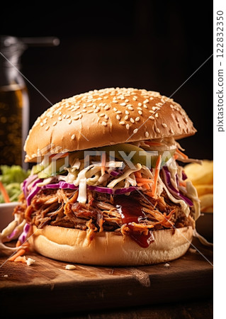 Pulled pork sandwich with Coleslaw in the kitchen. Ai Generative Pulled pork sandwich with Coleslaw in the kitchen. Ai Generative 122832350