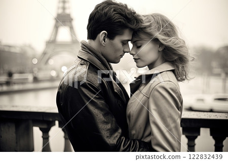 Couple in love. Kissing in the streets of Paris with Eiffel Tower in background. Generative Ai 122832439