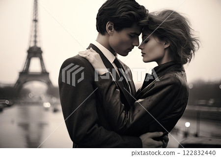 Couple in love. Kissing in the streets of Paris with Eiffel Tower in background. Generative Ai 122832440