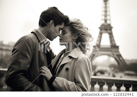 Couple in love. Kissing in the streets of Paris with Eiffel Tower in background. Generative Ai 122832441