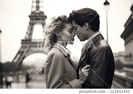 Couple in love. Kissing in the streets of Paris with Eiffel Tower in background. Generative Ai 122832442