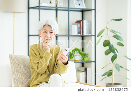Senior woman using a smartphone in the living room Senior woman using a smartphone in the living room 122832475