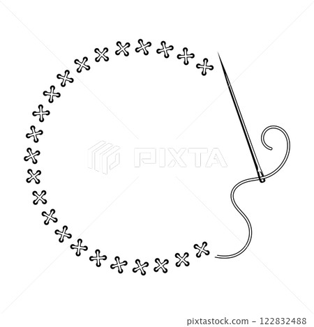 Needle and thread and stitched stitching around design 122832488