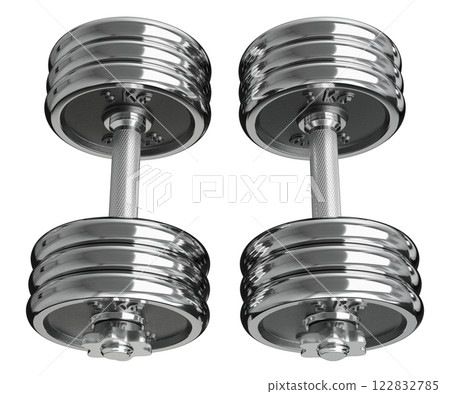 Pair of chrome adjustable dumbbells, weightlifting gym equipment, side view. Png clipart isolated on transparent background 122832785