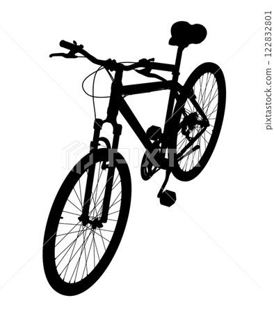 Black bicycle, side top view. Black leather saddle and handles. Png clipart isolated on transparent background 122832801