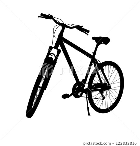 Black bicycle standing while leaning on kickstand, top view. Bike resting on kick stand. Png clipart isolated on transparent background Black bicycle standing while leaning on kickstand, top view. Bike resting on kick stand. Png clipart isolated on transparent background 122832816