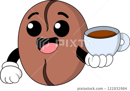 Cute Coffee Bean Mascot Holding a Cup of Freshly Brewed Coffee 122832984