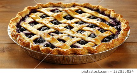 Blueberry pie in a baking pan. It's a popular American and Canadian dessert. 122833024
