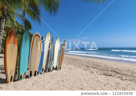 A row of surfboards are lined up on a beach A row of surfboards are lined up on a beach 122833030