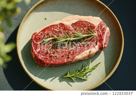 A piece of meat with rosemary on top of it A piece of meat with rosemary on top of it 122833037
