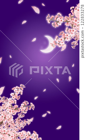 Crescent moon night cherry blossoms with falling cherry blossom petals, vertical background Crescent moon night cherry blossoms with falling cherry blossom petals, vertical background 122833278