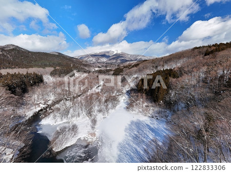 Aerial view of Yamabiko Suspension Bridge in winter 122833306