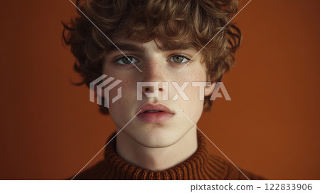 Young man with brown hair and a beard is wearing a sweater and looking at the camera. The image has a warm and inviting mood, with the orange background and the man's friendly expression Young man with brown hair and a beard is wearing a sweater and looking at the camera. The image has a warm and inviting mood, with the orange background and the man's friendly expression 122833906
