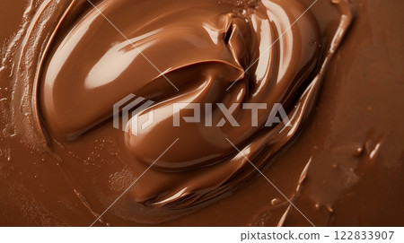 Close up of a chocolate sauce with a brownish tint. The sauce is thick and has a glossy finish 122833907
