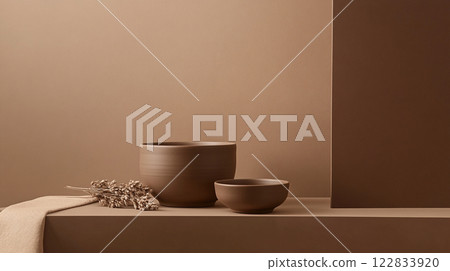 Brown wall with a brown bowl and a brown vase on a shelf. The bowl is smaller than the vase Brown wall with a brown bowl and a brown vase on a shelf. The bowl is smaller than the vase 122833920