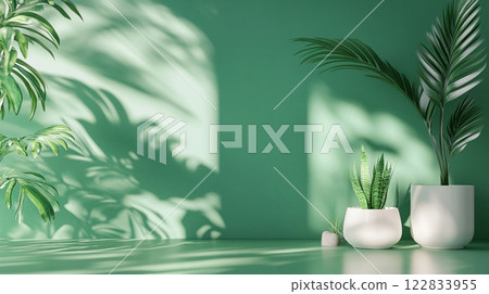 Green wall with a plant in a white pot and another plant in a white pot. The wall is illuminated by sunlight, creating a warm and inviting atmosphere Green wall with a plant in a white pot and another plant in a white pot. The wall is illuminated by sunlight, creating a warm and inviting atmosphere 122833955