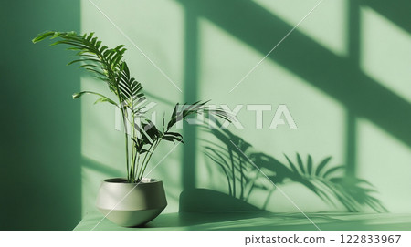 Plant in a vase sits on a table in front of a green wall. The plant casts a shadow on the wall, creating a sense of depth and dimension Plant in a vase sits on a table in front of a green wall. The plant casts a shadow on the wall, creating a sense of depth and dimension 122833967