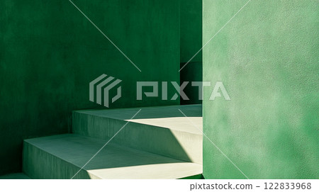Green wall with a green staircase in front of it. The wall is painted in a green color and the staircase is also painted in the same color 122833968