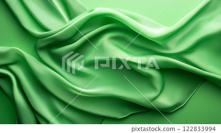 Green piece of fabric with a pattern on it. The fabric is folded and has a smooth texture Green piece of fabric with a pattern on it. The fabric is folded and has a smooth texture 122833994