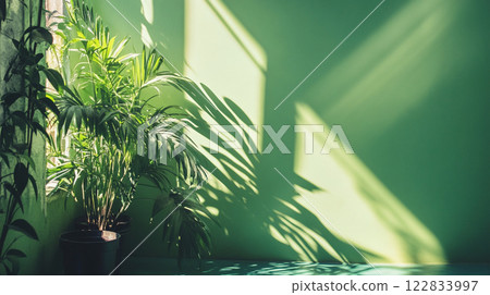 Potted plant sits in front of a green wall, casting a shadow on the floor. The plant is tall and leafy, with a large leafy stem that reaches up towards the ceiling. The shadow it casts is long Potted plant sits in front of a green wall, casting a shadow on the floor. The plant is tall and leafy, with a large leafy stem that reaches up towards the ceiling. The shadow it casts is long 122833997