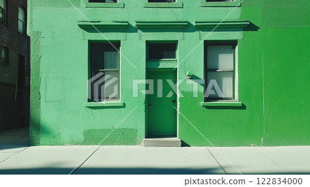 Green building with a green door and windows. The windows are small and the door is open. The building is located on a street and is surrounded by other buildings Green building with a green door and windows. The windows are small and the door is open. The building is located on a street and is surrounded by other buildings 122834000